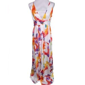 LORAGAL Floral Deep V Neck Floral Ruched Cinch Waist Maxi Dresses-Large NWT